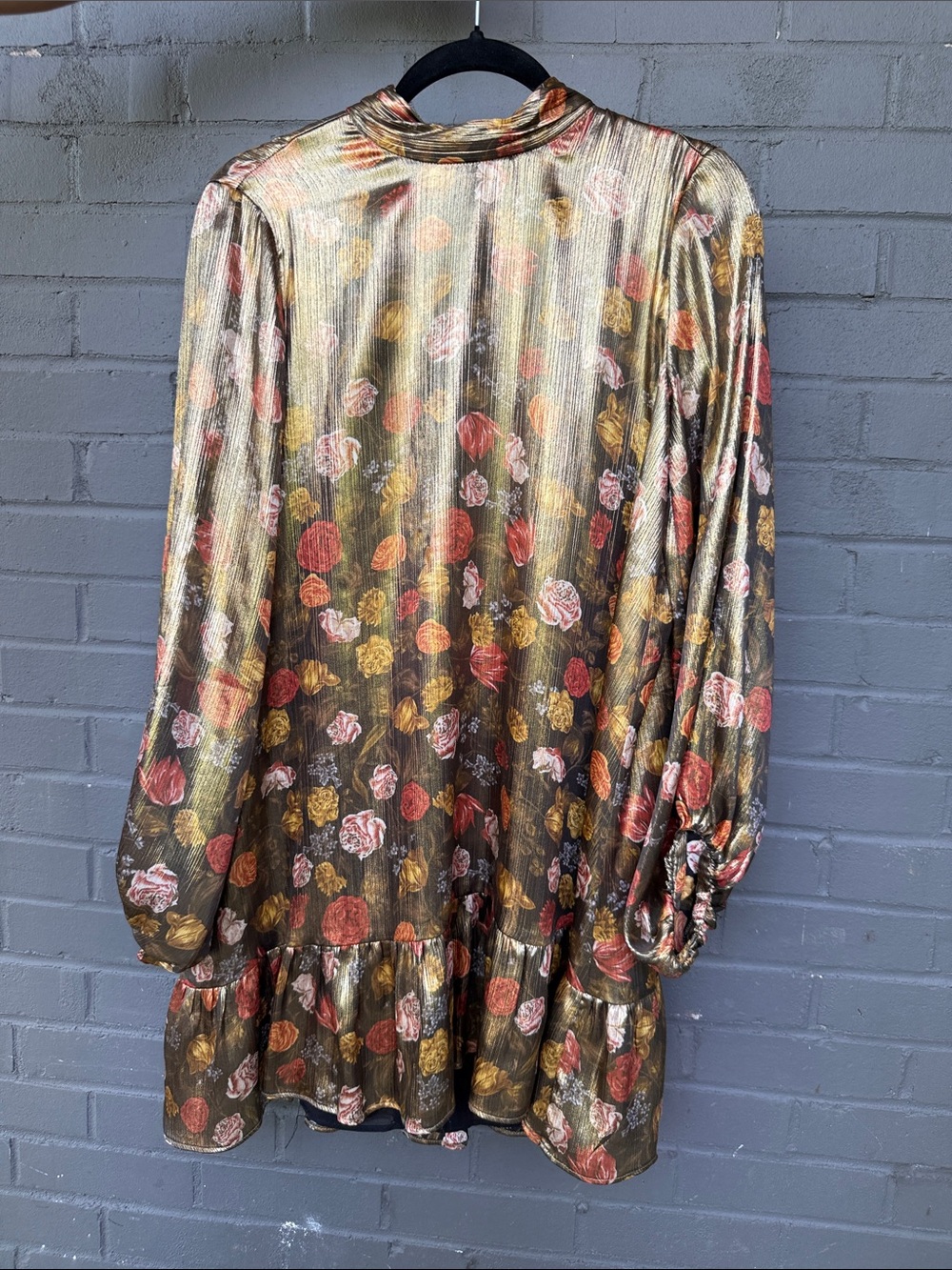 Zara Metallic Floral Long-Sleeve Dress in Gold, Brown and Pink Tones